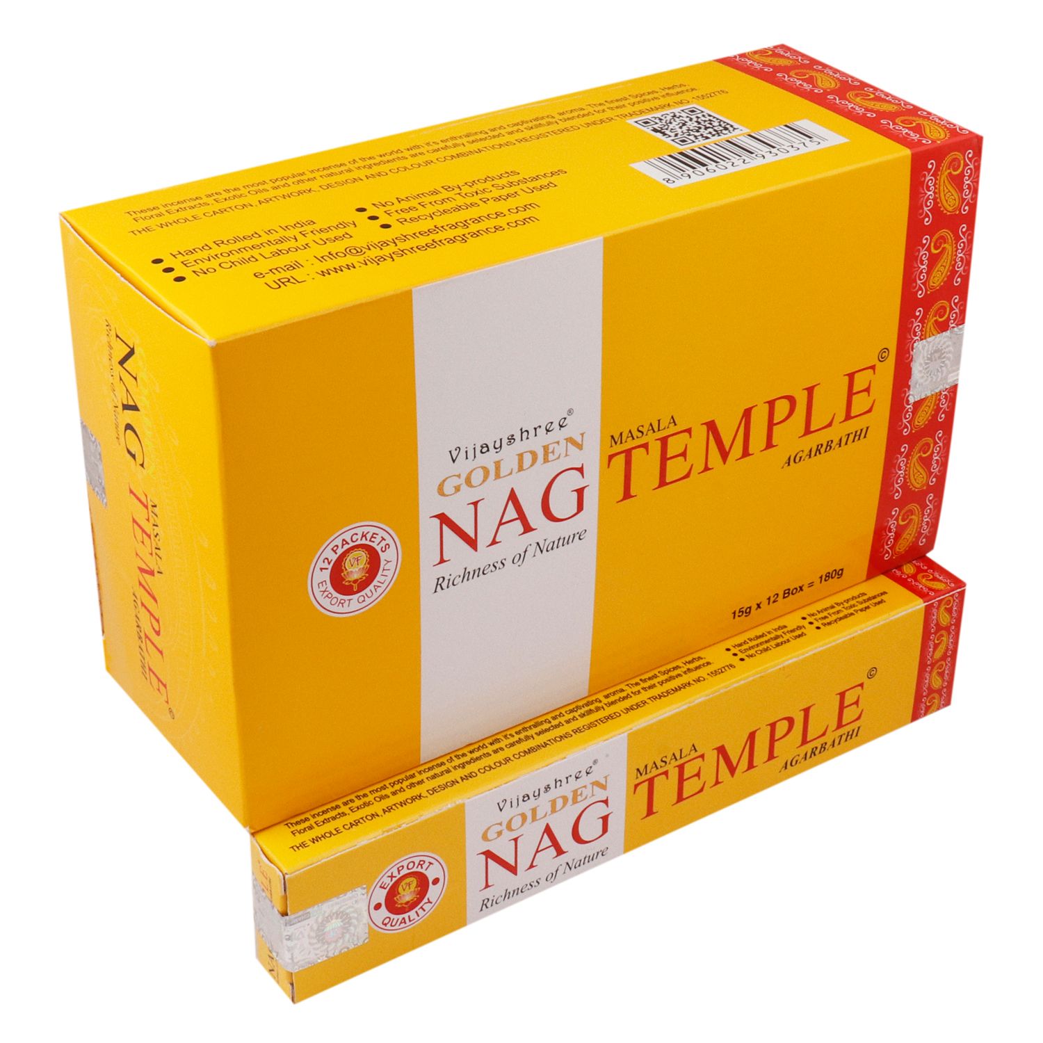 Caja y paquete de incienso Golden Nag Temple en tonos amarillo y naranja