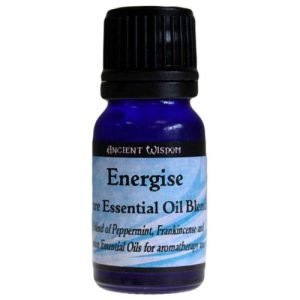 Frasco azul de mezcla de aceites esenciales energizante 10 ml sobre fondo blanco.