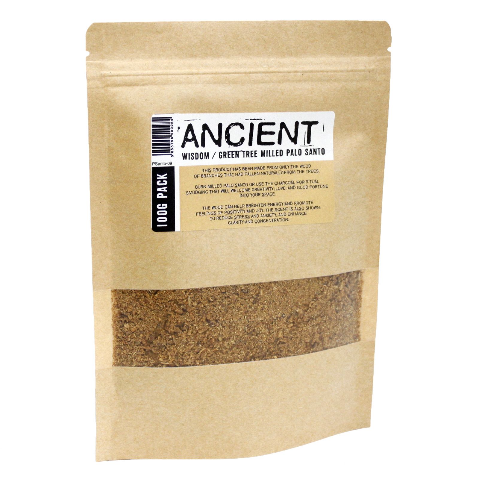 Bolsa kraft con 100 g de palo santo molido visible a través de una ventana transparente