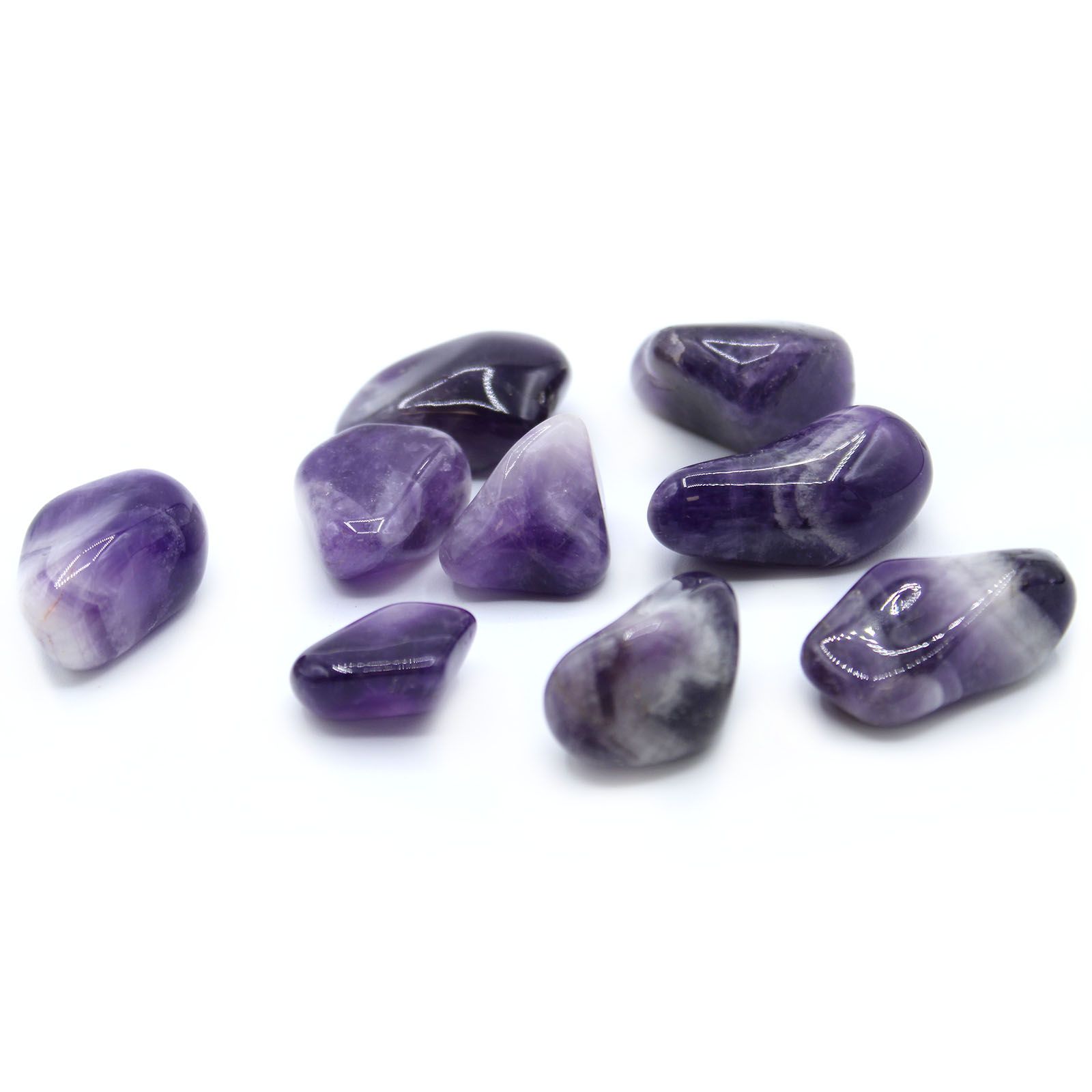 Conjunto de piedras rodadas de amatista vetada en tonos violetas y blancos