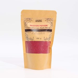 Bolsa de papel de la poción de aromaterapia Pasión 350 g con el producto visible a través de la ventana.