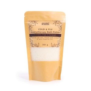 Bolsa de papel de la poción de aromaterapia Resfriados y Gripe 350 g con sales claras visibles.