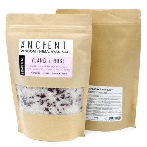 Dos bolsas de sales de baño del Himalaya Sensual, una de frente y otra mostrando el reverso.