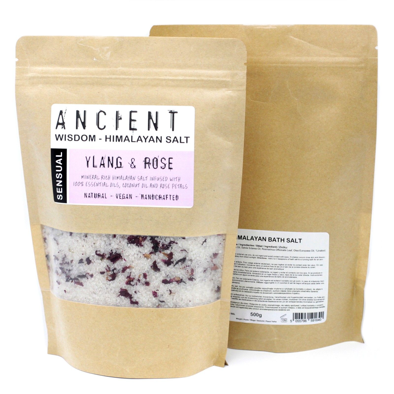 Dos bolsas de sales de baño del Himalaya Sensual, una de frente y otra mostrando el reverso.