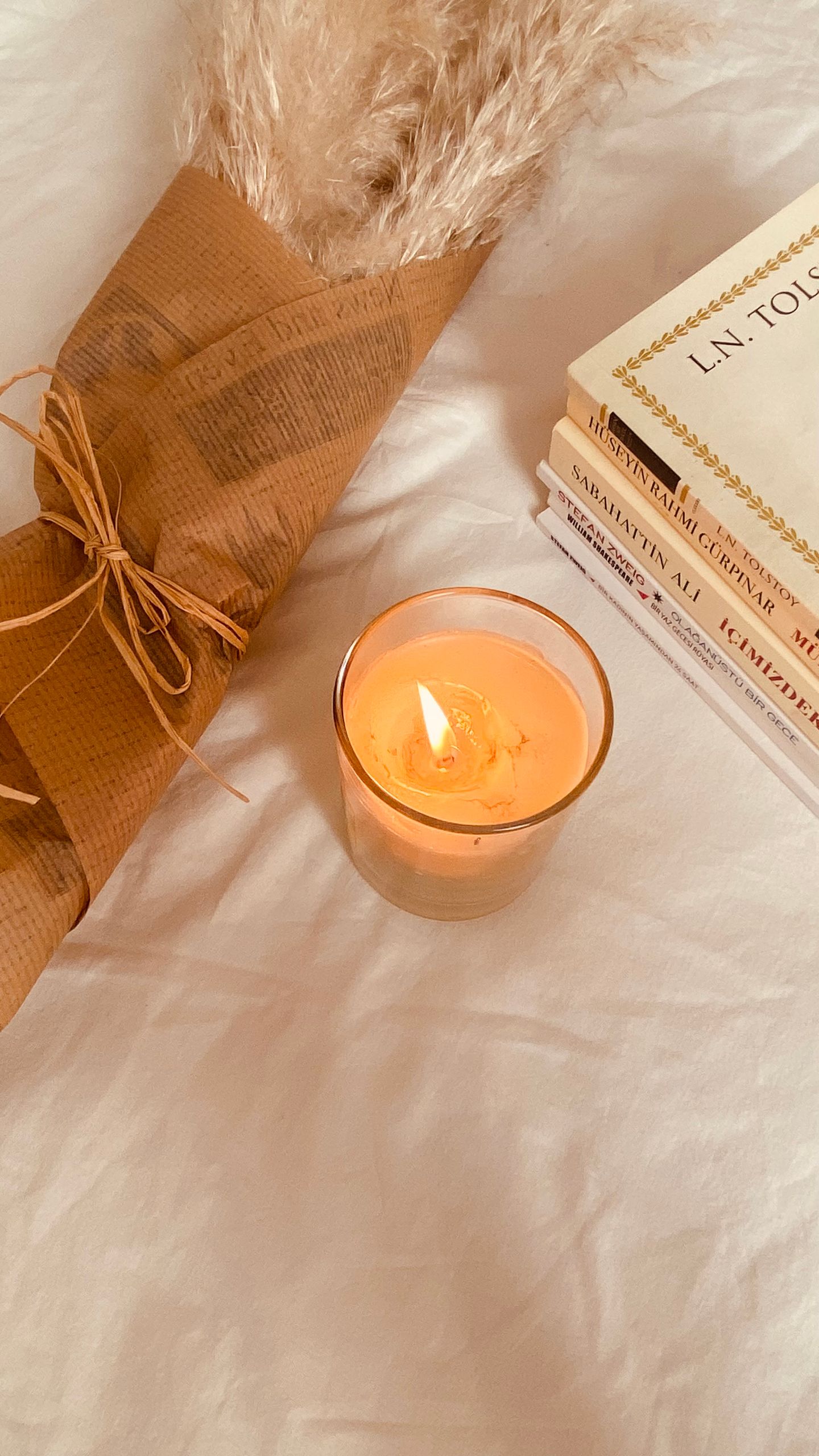 Ambiente cálido, una vela encendida, libros y hierba de la pampa sobre una cama.